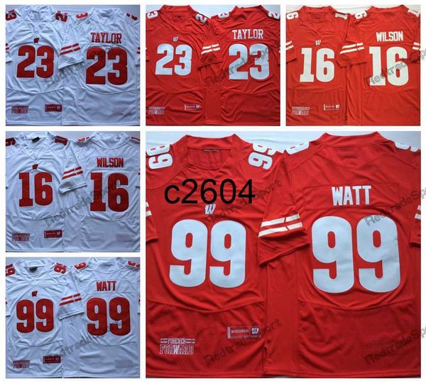 C2604 NCAA Mens Wisconsin Badgers 99 JJ Watt 23 Jonathan Taylor College Football Jerseys 16 Russell Wilson Red White University Camisetas S-XXXL