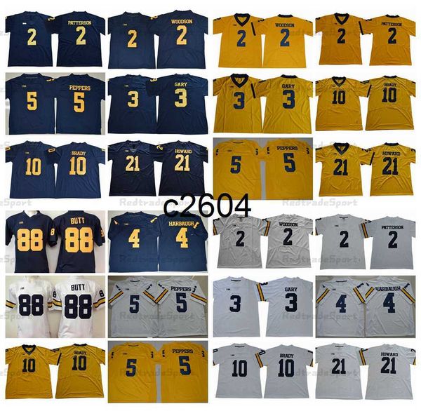 c2604 NCAA Michigan Wolverines College Football Maillots 2 Shea Patterson Desmond Howard 10 Tom Brady 4 Jim Harbaugh Charles Woodson Jabrill Peppers Jake Butt Rashan