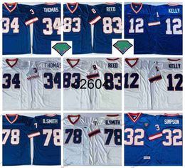 c2604 Vintage 1994 XXV Football Maillots 35e Hommes 12 Jim Kelly 34 Thurman Thomas 78 Bruce Smith 83 Andre Reed Chemises Cousues 32 OJ Simpson Blue Jersey