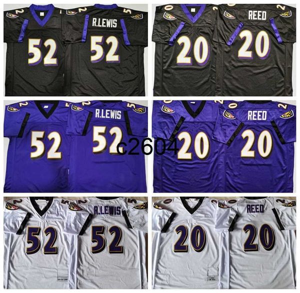 C2604 Vintage 2000 Mens 52 Ray Lewis 20 Ed Reed Football Jerseys Purple White Black Cousue