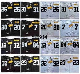 c2604 Vintage heren 12 Terry Bradshaw voetbalshirts 20 Rocky Bleier 23 Mike Wagner 7 Ben Roethlisberger 84 Antonio Brown 26 Rod Woodson 32 Franco Harris 31 Donnie She