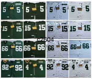 c2604 Vintage Mens 4 Brett Favre 15 Bart Starr Maillots de football 66 Ray Nitschke 92 Reggie White 1969 Chemises cousues 75TH Broderie Vert M-XXXL