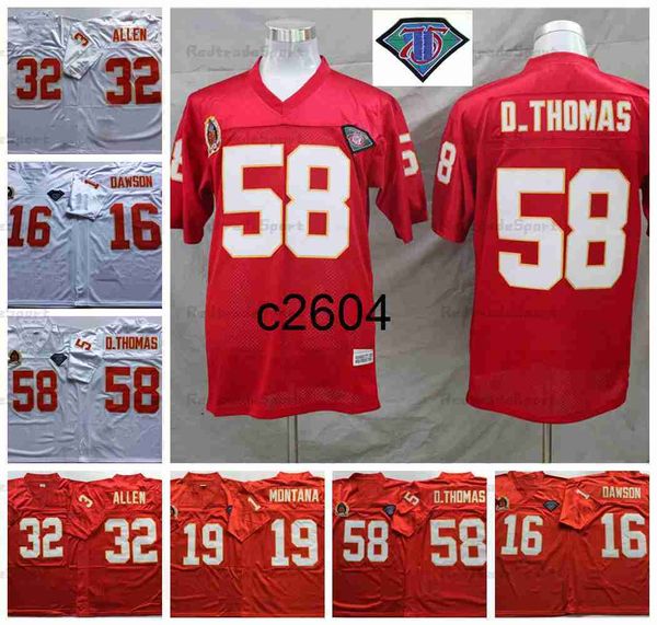 c2604 Vintage Mens 75th 16 Len Dawson 19 Joe Montana Football Jerseys 32 Marcus Allen 58 Derrick Thomas Jersey Chemises cousues broderie 35th Anniversary Patch