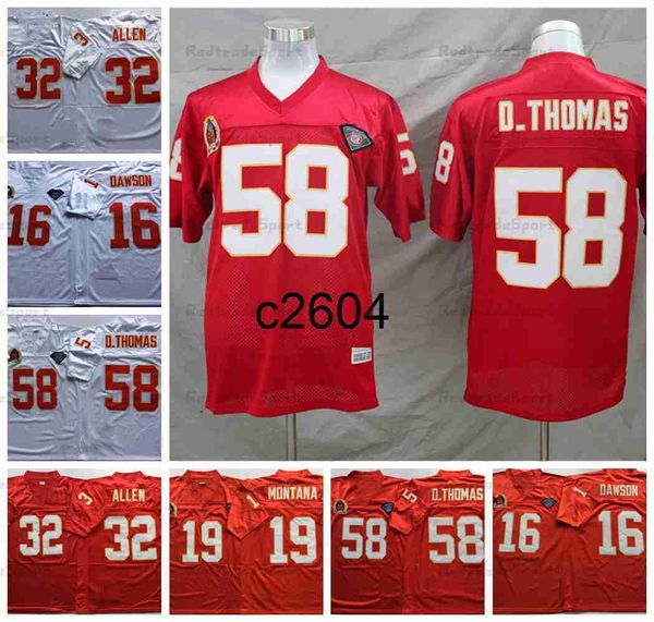 c2604 Vintage Hommes 75e 58 Derrick Thomas Maillots de Football 16 Len Dawson 19 Joe Montana 32 Marcus Allen Chemises Cousues Rouge M-XXXL