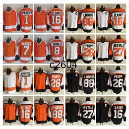 c2604 Vintage hockeyshirts voor heren 16 Bobby Clarke 1 Bernie Parent 8 Dave Schultz 7 Bill Barber 27 Ron Hextall 88 Eric Lindros 26 Brian Propp Zwart Wit Oranje Gestikt J