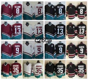 c2604 Vintage Mighty 8 Teemu Selanne 9 Paul Kariya Chandails de Hockey Hommes 35 Maillot Jean-Sébastien Giguere 13 TeemuSelanne Violet Noir Blanc Chemises Cousues C Patch