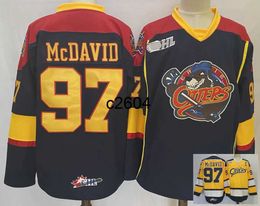 c2604 Vintage NCAA Erie Otters College 97 Connor McDavid Maillots Hockey Cousu Marine Bleu Jaune Chemises M-XXXL