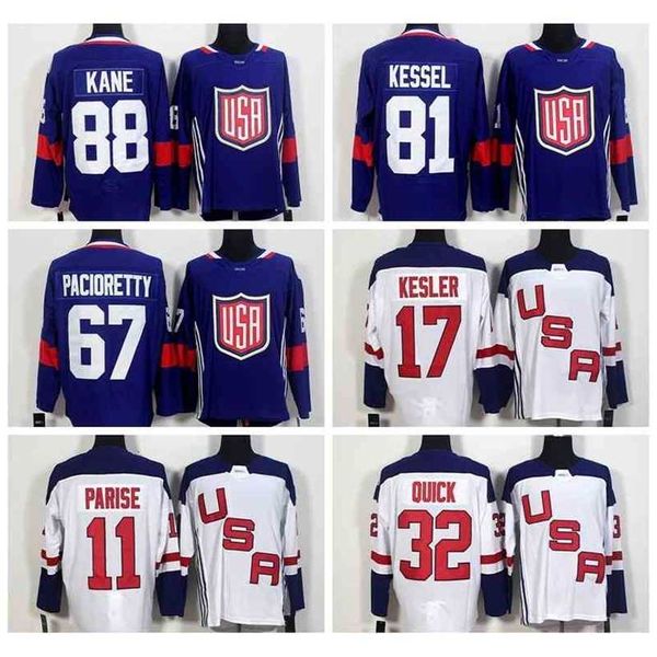 C2604 Copa del mundo 2016 Equipo EE. UU. Camisetas de hockey EE. UU. 11 Zach Parise 88 Patrick Kane 81 Phil Kessel 32 Jonathan Quick 67 Max Pacioretty 17 Ryan Kesler