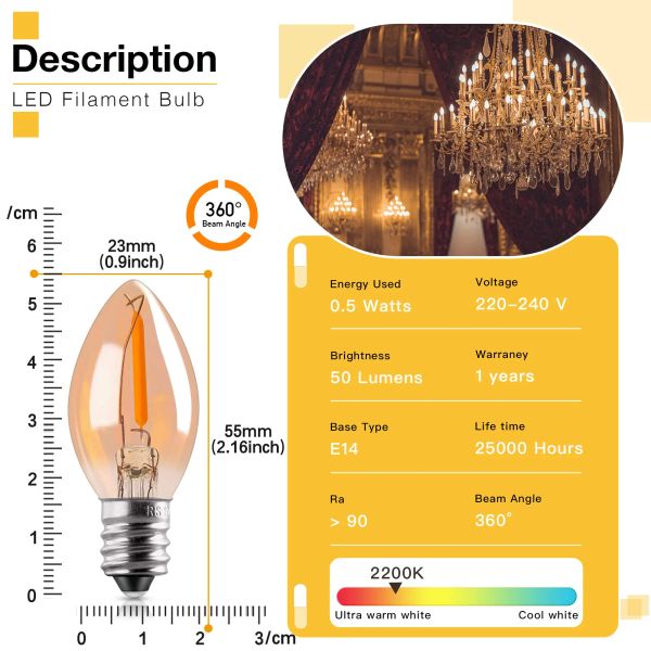 Ampoules nocturnes à LED C7 E12 Bulbes LED de remplacement 0,5 W en verre ambre blanc chaud 2200k pour corde Light Candelabra Chandelier
