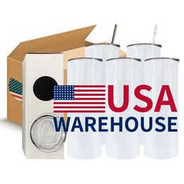 CA / US Stock Bouteilles d'eau en acier inoxydable de 20 oz Sublimation vierge Tasses à café minces avec couvercle et gobelets droits en paille en plastique N0526
