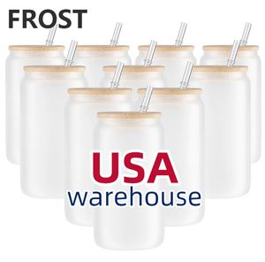 CA US Warehouse Tasse de 16 oz droite vierge par sublimation givrée transparente en verre à café avec couvercle en bambou et paille 0619