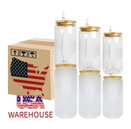 CA US Warehouse 16oz sublimatieglazen bierpullen met bamboe deksels en strobekers DIY blanco blikjes warmteoverdracht ijsbekers Mason Jars 383