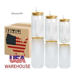 CA US Warehouse 16Oz Sublimation Glasses Beer Mugs With Bamboo Lids And Straw Tumblers DIY Blanks Cans Heat Transfer Tail Iced Cups Mason Jars 311 0516