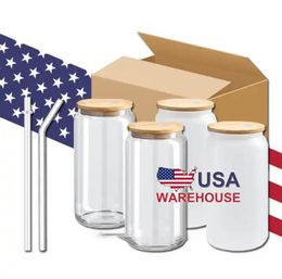 CA US Warehouse Vasos de sublimación de 16 oz Tazas de cerveza con tapas de bambú y vasos de paja Latas en blanco para bricolaje Transferencia de calor Cócteles Tazas heladas Mason Jars I1115