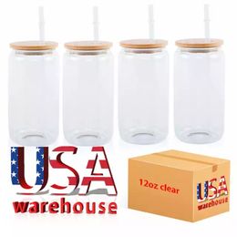 CA US Warehouse Verres à sublimation de 16 oz Tasses à bière avec couvercles en bambou et gobelets en paille DIY Canettes vierges Transfert de chaleur Cocktail Tasses glacées Pots Mason u1116