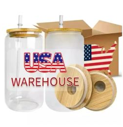 CA EE. UU. Almacén Entrega de 3 a 10 días Tazas de vidrio de sublimación de 16 oz Tazas en blanco con tapa de bambú Lata de cerveza helada Vasos Vaso Tarro de masón Paja de plástico