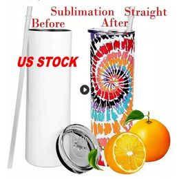 CA US Warehouse Tumblers Straight 20oz Sublimatie Blanco vacuüm geïsoleerd 600 ml koffie thee mokken draagbare autobekers