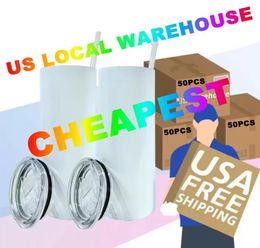 CA USA LOKAAL WAREHOUSE 20oz Sublimatietumblers Blanco Witte beker met dekselstro roestvrijstalen drinkbeker Cup Vacuüm geïsoleerde water koffie mok FY4275