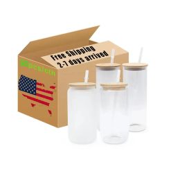 CA EE. UU. Almacén Tazas de vidrio esmerilado transparente de 16 oz Espacios en blanco de sublimación Lata de cerveza en forma de copas de vino de 16 oz Vasos para beber con pajita de plástico y tapa de bambú