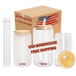 CA USA Warehouse 16oz Grosted Clear Bière peut sublimation Botter en verre de bouteille d'eau avec couvercle en bambou et pailles 4.23