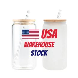 CA/USA Warehouse 16oz Sublimation Cola Can Tumbler Clear Frosted Glass Jar with Bamboo Lid Wide Mouth Beer Cup Festival Party Wine Tumblers 0810