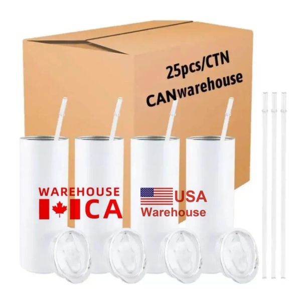 CA EE. UU. Almacén 20 oz Vasos de sublimación Tazas en blanco Blanco Recto Tazas de prensa de calor Tazas con lata de paja con tapa de bambú