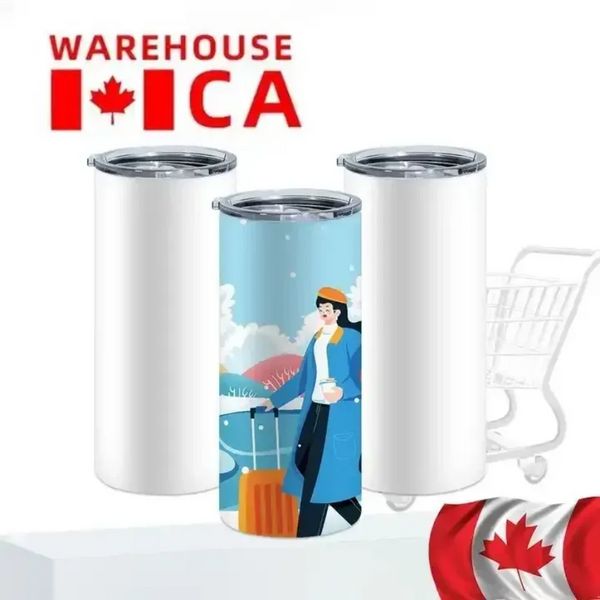 CA USA Warehouse Bouteilles d'eau de 20 oz Blancs de sublimation Gobelets droits Tasses à café portables avec couvercle et paille en plastique Tasses de camping en plein air Vente en gros