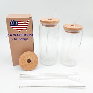 CA USA Warehouse Clear Transparant 16oz koffie Drinkend bierglas kan een fles kopje met gebogen glazen stro en bamboe deksel