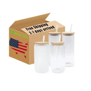 CA USA Warehouse 16 oz Tazas de vidrio de vidrio esmerilado transparente en blanco Cabrón de cerveza Casas de vino Oz bebiendo tumblers con pajita de plástico y tapa de bambú