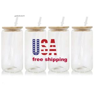 CA USA Warehouse verkoper 16 oz lege sublimatie soda -vormig cups bierglas blikje met bamboe deksel voor ijskoffie 0430