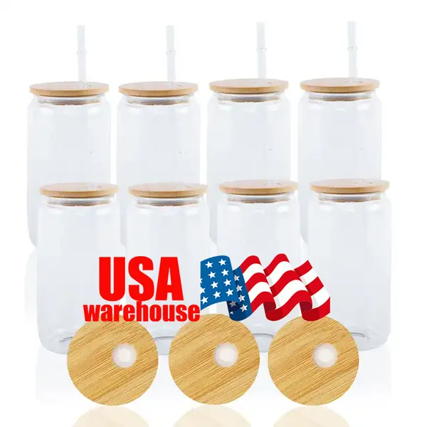 CA USA entrepôt sublimation tumbler 12 oz tasses en verre transparent givré tasses vierges canettes de bière tasses en verre avec couvercle en bambou et pailles 0307