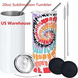 CA USA Warehouse Groothandel Bulk 20 oz 20 oz recht mager roestvrijstalen geïsoleerde lege sublimatietumblers Cups met stro 905 0422