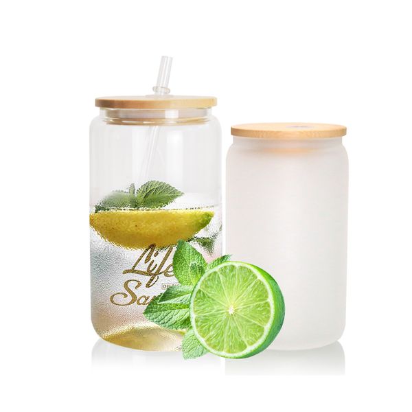 CA USA Warehouse16oz Café transparente esmerilado con forma de lata de cerveza taza de vidrio Tarro de sublimación con tapa de bambú