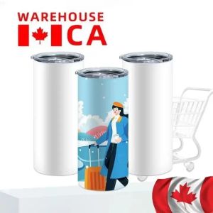 CA Warehouse Bouteilles d'eau de 20 oz Blancs de sublimation Gobelets droits Tasses à café portables avec couvercle et paille en plastique Tasses de camping en plein air Vente en gros