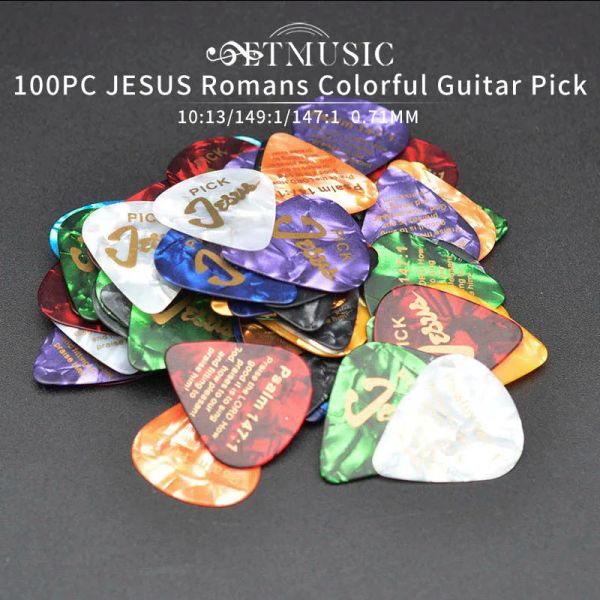 Câbles 100pc Jesus Celluloïd Guitar Pick 0,71 mm Mots d'or Romains 10:13 Psaume 149: 1 Psaume 147: 1 Couleur de mixage