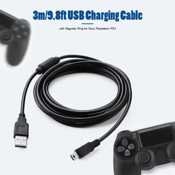 Câbles 3M USB Charge Cable Cordon Cordon avec anneau magnétique USB Sécurité stable pratique et durabilité pour le contrôleur sans fil Sony PS3