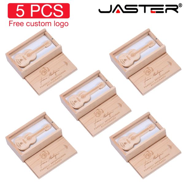 Câbles 5pcs / lot guitare en bois USB 2.0 Flash Drive 128 Go Logo Free Pen Drive 64 Go avec boîte mémoire Stick Music Creative Wedding Gift U Disque