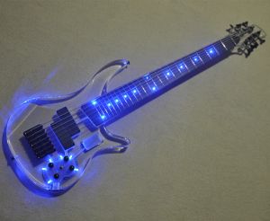 Kabels Blue Led Light Acryl Body 7 String Electric Bass Guitar met zwarte hardware Aangepast