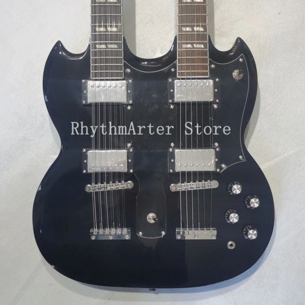 Cables de guitarra eléctrica SG de doble cuello personalizado, cuerpo de acabado negro, diapasón de palo de rosa, hardware cromado, envío gratis