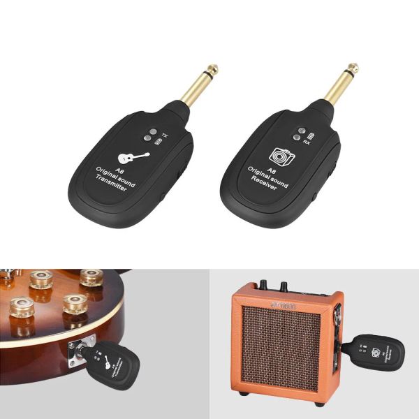 Câbles Guitar Wireless System Transmetteur Récepteur 4 canaux avec batterie rechargeable USB A8 accessoires d'instruments de musique à cordes à cordes