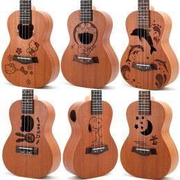 Câbles chauds vendant 21 "ukulele soprano mini gitar acajou ukelele 4 cordes en nylon small guitare 28 types motifs