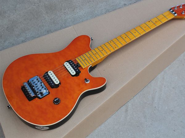 Câbles guitare électrique orange avec barre de trémolo, placage en érable matelassé, manche en érable, micros Humbuckers