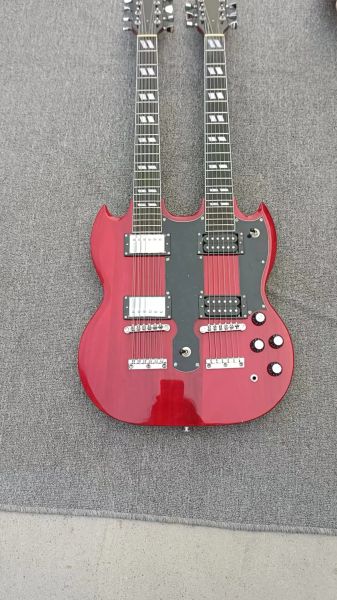 Câbles SG en forme de col double guitare électrique 6 cordes + 12 cordes du corps rouge double diagonale bouton gibson accessoires blancs réels