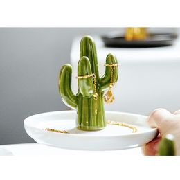 Plato de soporte de anillo de cactus para joyas, exhibición de la bandeja de joyería de cerámica para la bandeja de joyería para decoración del hogar y regalo de bodas de cumpleaños