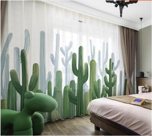 Cortina de ventana de Cactus popular del norte de Europa, cortinas de salón de plantas verdes, dormitorio moderno y elegante