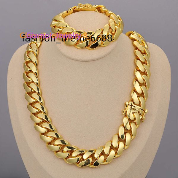 Cadena Cubana Gros Hip Hop Bijoux 14K Véritable Plaqué Or Lourd Solide Miami Cubain Lien Chaîne Collier pour Hommes18-karat Plaqué Or Collier