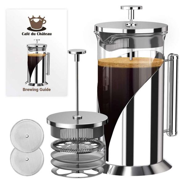 Cafe Du Chateau Prensa y Tetera Francesa Original - Prensa Multifuncional de 34 Oz (aproximadamente 963,9 G), Filtración de 4 Etapas, Acero Inoxidable Sin BPA