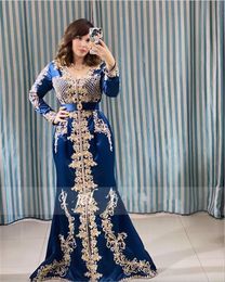 Caftan Elegante Marokkaanse avondjurk Formele feestjurken Blue Lace Appliques Algerijnse Dubai Islamitische moslim zeemeermin promjurken Lange mouwen Es