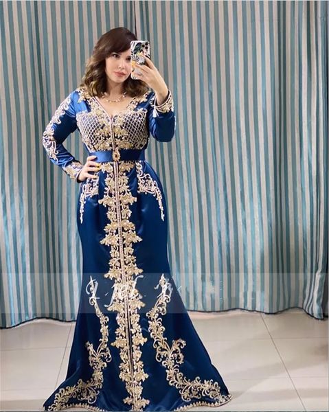 Caftan Elegant marocain robe de soirée robes de fête formelles appliques en dentelle bleue algérien dubaï sirène musulmane islamique robes de bal à manches longues es