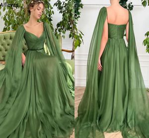 Caftan Islam Morokkaanse Abaya Green Evening Jurken met lange wrap geplooide Chiffon A Line Prom Formal Jurets for Women Dubai Arabische tweede receptie Jurk gewaden CL1764